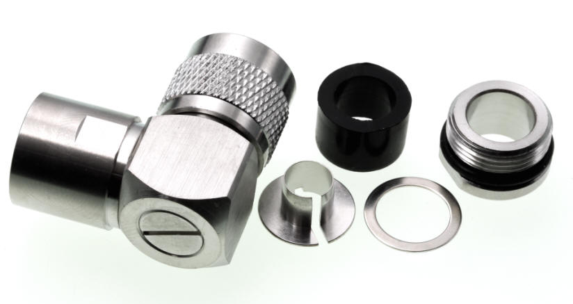 N-Winkelstecker für 10mm Koaxialkabel, z.B. RG213, Ecoflex 10 u.a.