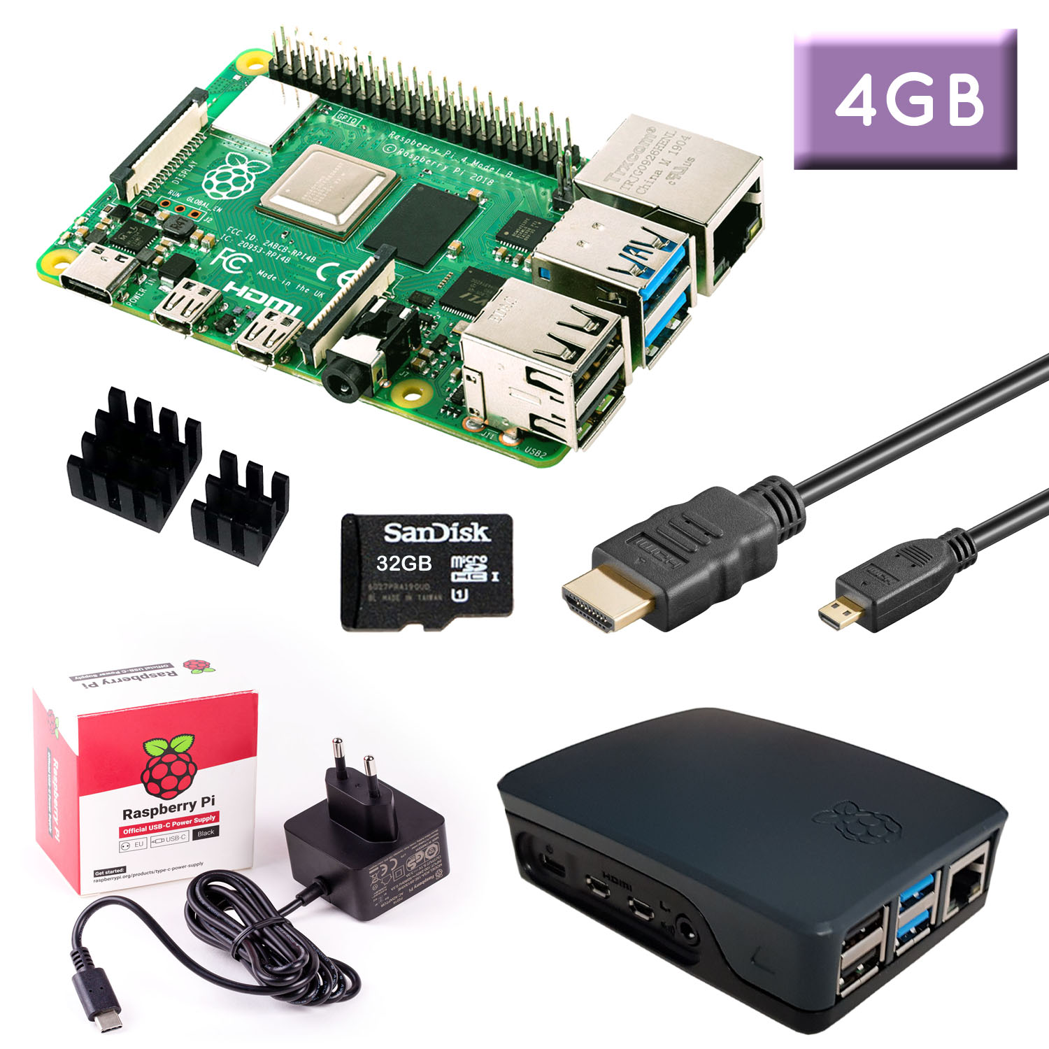 Raspberry Pi 4 (4GB RAM) Bundle 32GB, schwarz