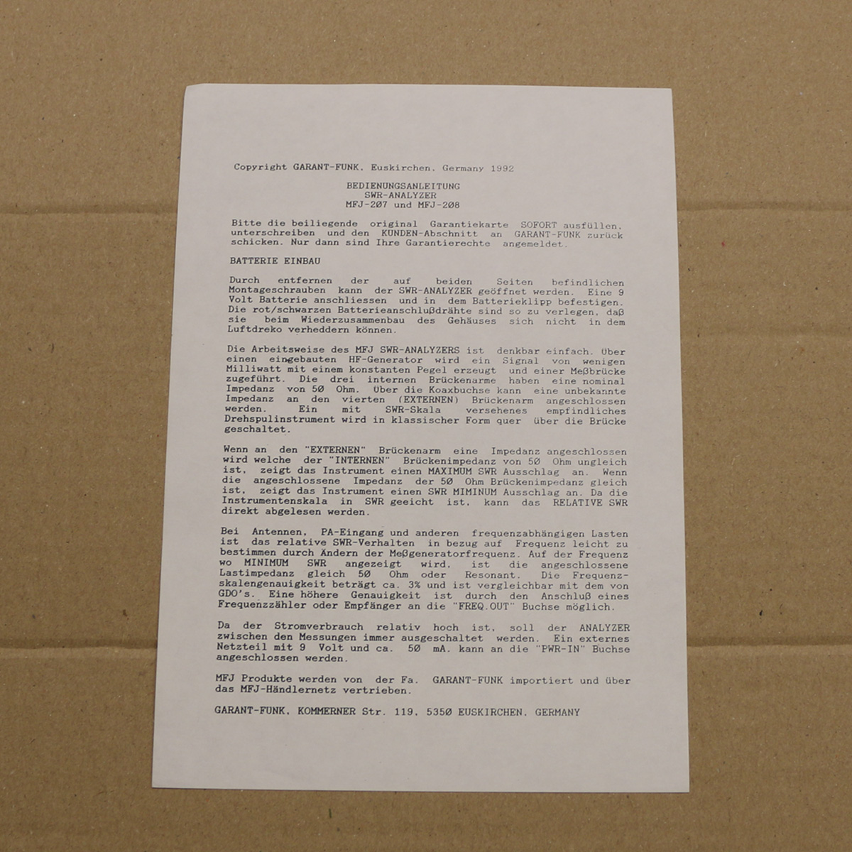 Garant Funk MFJ ANTENNA COUPLER Bedienungsanleitung