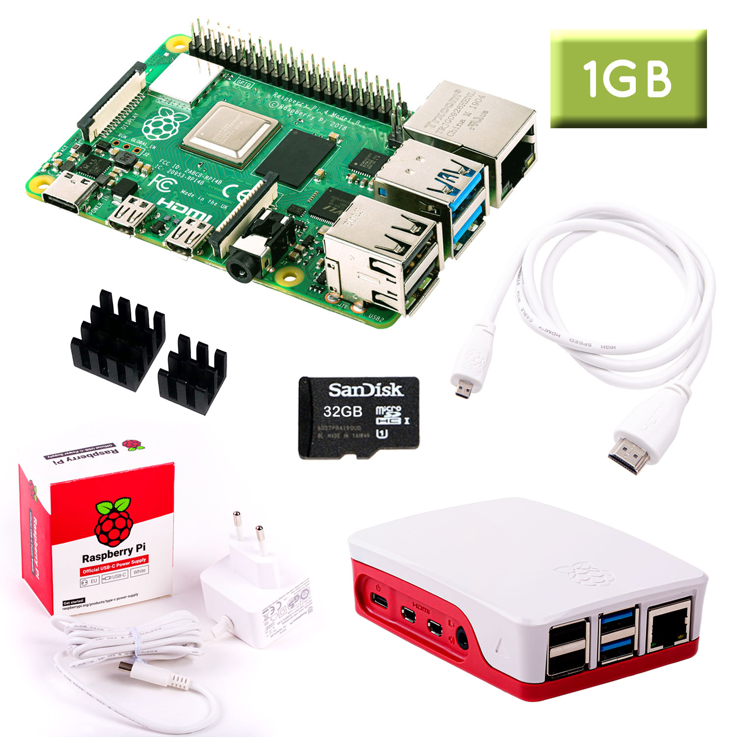 Raspberry Pi 4 (1GB RAM) Bundle 32GB, weiß
